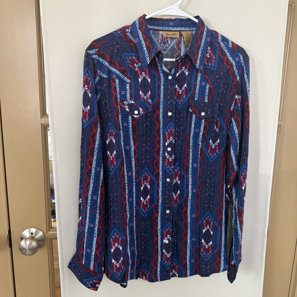 Wrangler Womens‎ Large Aztec Print Long Sleeve Pearl Snap Up Shirt Western - Picture 2 of 6
